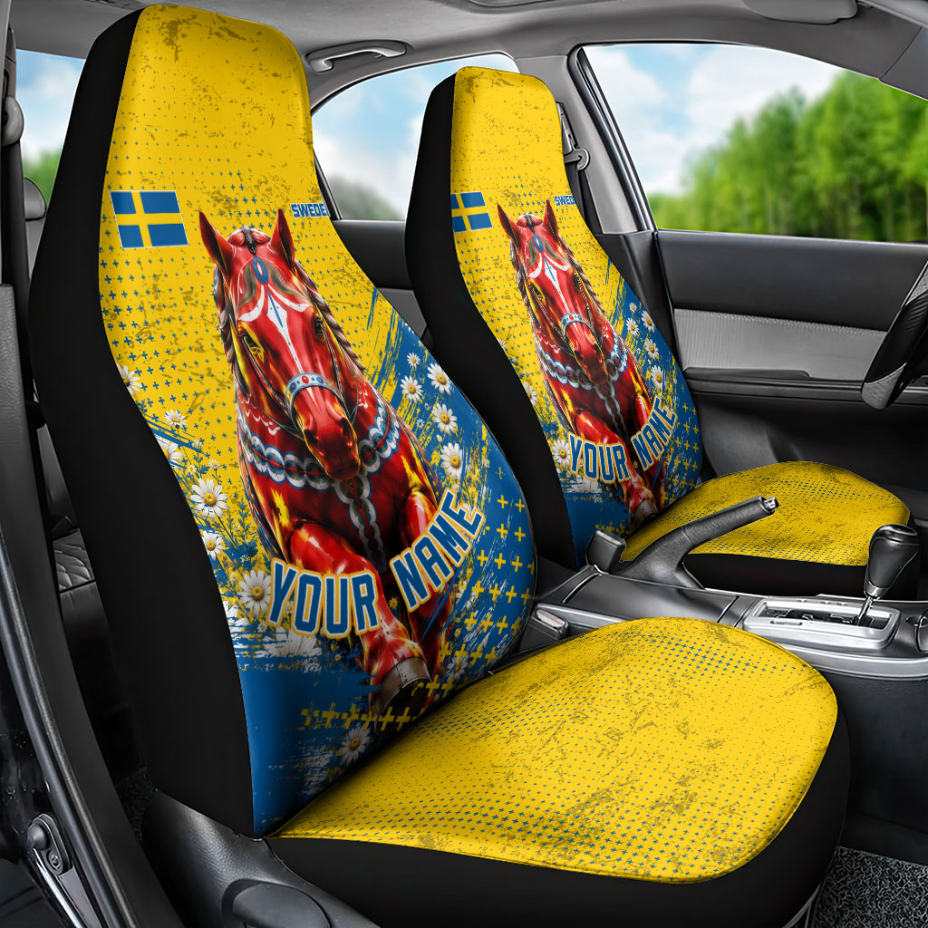 Personalized Sweden Dala Horse Soccer Car Seat Cover Grunge Swedish Flag Cheering Fans Floral