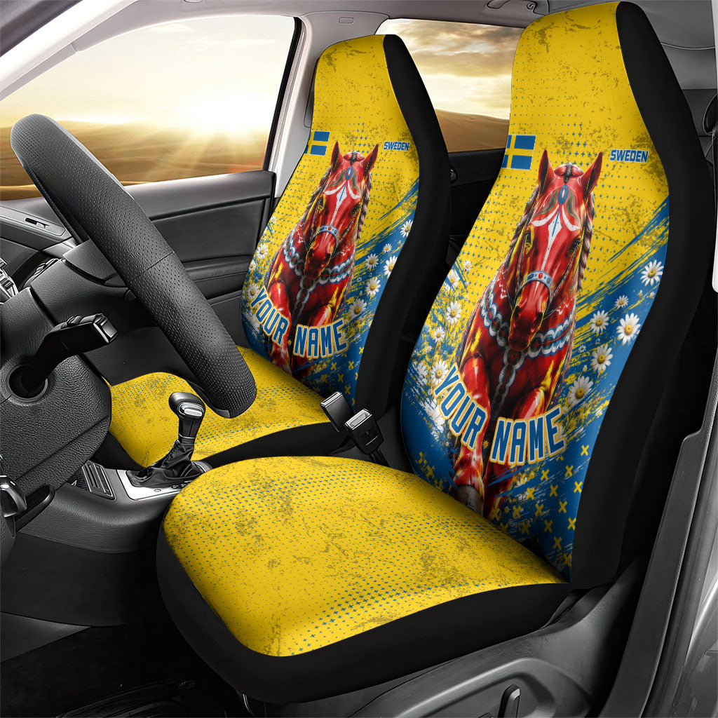 Personalized Sweden Dala Horse Soccer Car Seat Cover Grunge Swedish Flag Cheering Fans Floral