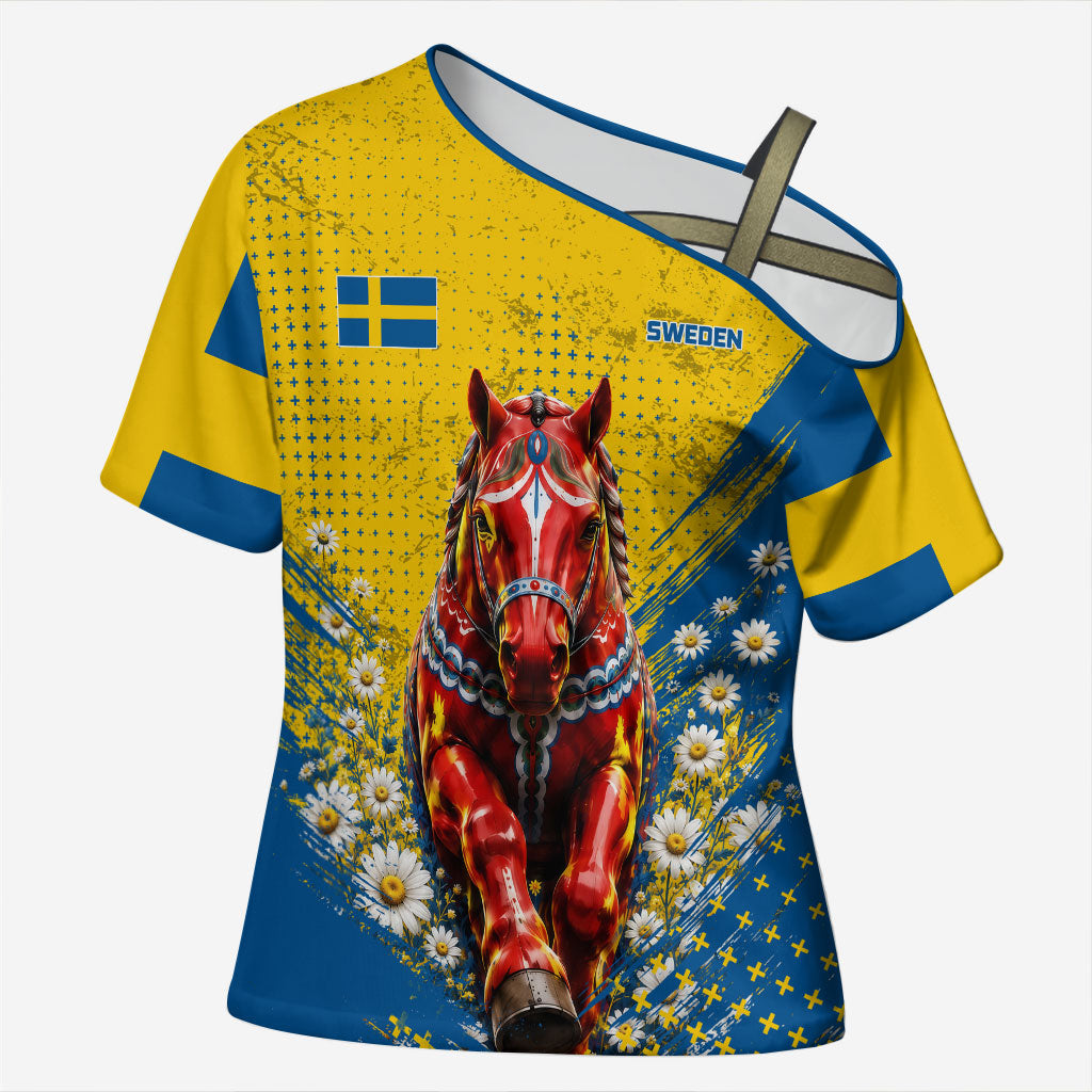 Personalized Sweden Dala Horse Soccer Cross Shoulder Shirt Grunge Swedish Flag Cheering Fans Floral