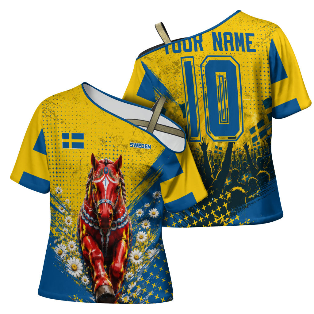 Personalized Sweden Dala Horse Soccer Cross Shoulder Shirt Grunge Swedish Flag Cheering Fans Floral