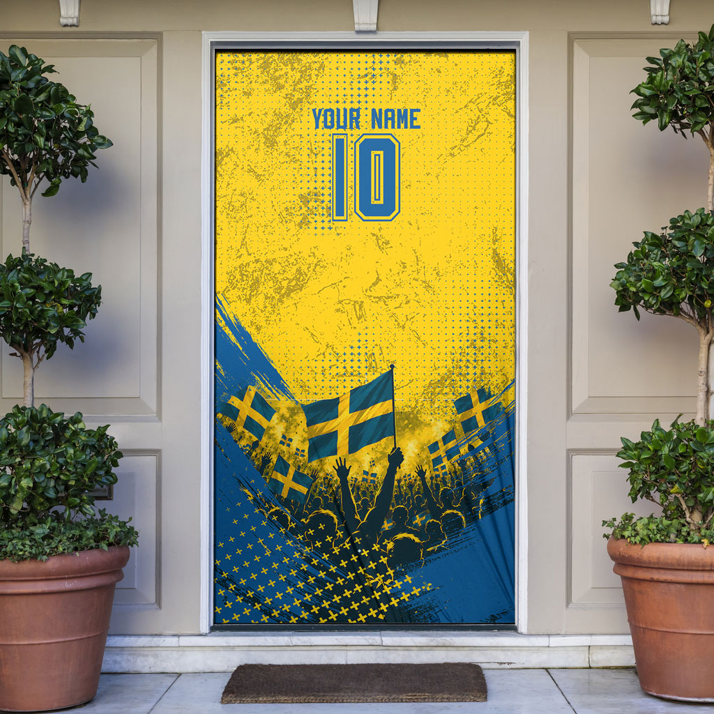 Personalized Sweden Dala Horse Soccer Door Cover Grunge Swedish Flag Cheering Fans Floral