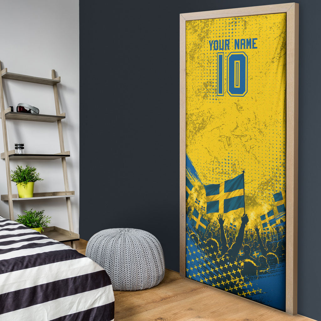 Personalized Sweden Dala Horse Soccer Door Cover Grunge Swedish Flag Cheering Fans Floral