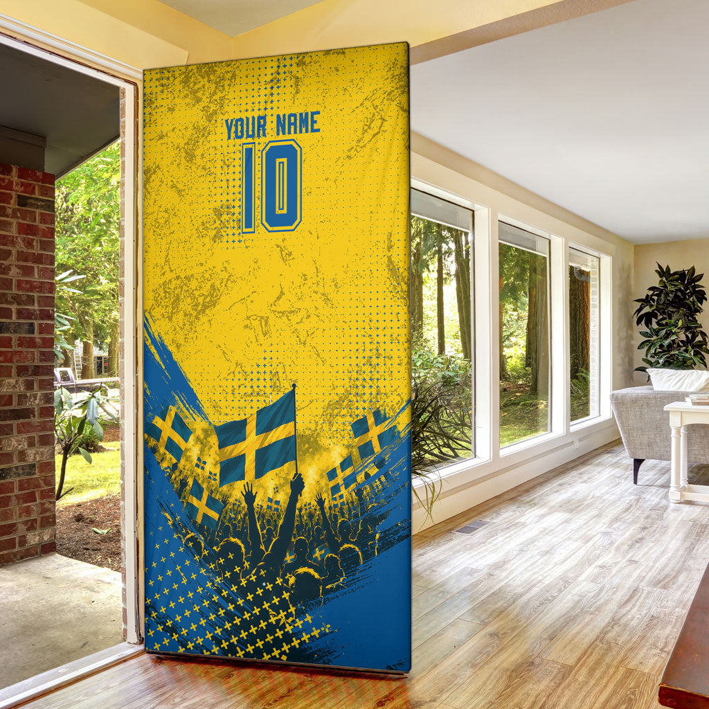 Personalized Sweden Dala Horse Soccer Door Cover Grunge Swedish Flag Cheering Fans Floral