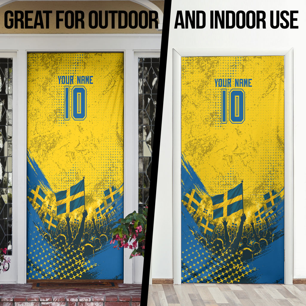Personalized Sweden Dala Horse Soccer Door Cover Grunge Swedish Flag Cheering Fans Floral