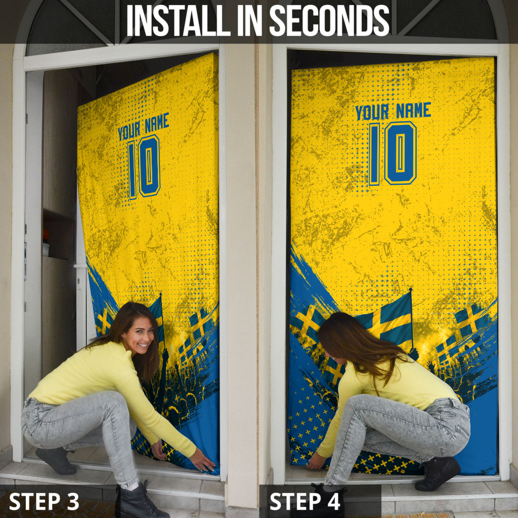 Personalized Sweden Dala Horse Soccer Door Cover Grunge Swedish Flag Cheering Fans Floral