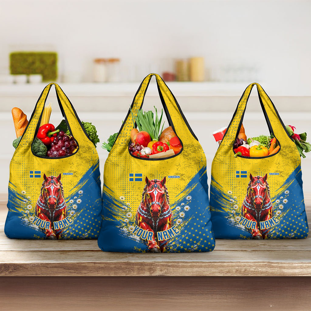 Personalized Sweden Dala Horse Soccer Grocery Bag Grunge Swedish Flag Cheering Fans Floral