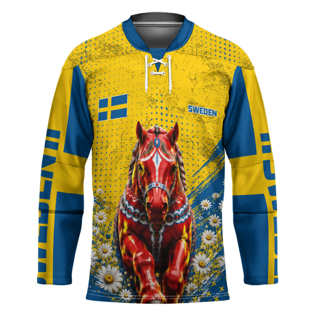 Personalized Sweden Dala Horse Soccer Hockey Jersey Grunge Swedish Flag Cheering Fans Floral