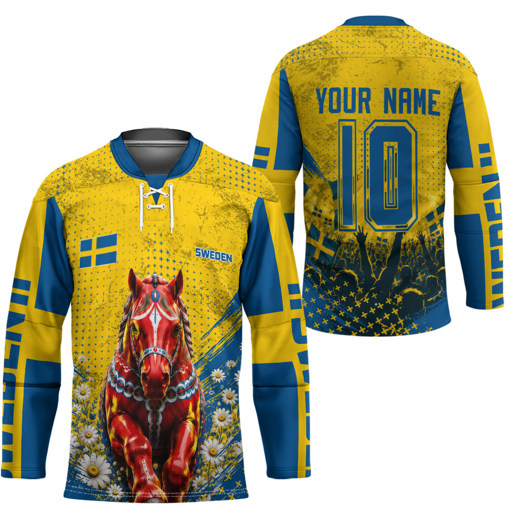 Personalized Sweden Dala Horse Soccer Hockey Jersey Grunge Swedish Flag Cheering Fans Floral