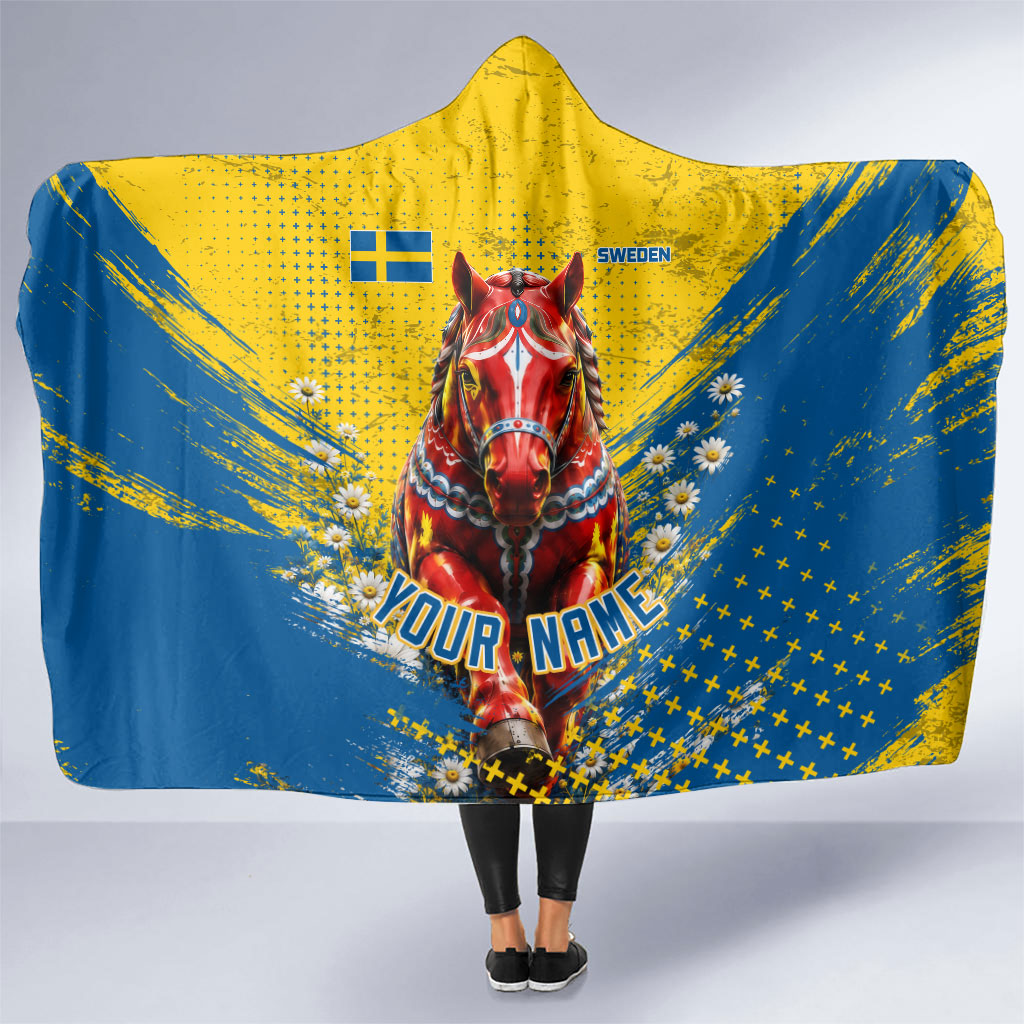 Personalized Sweden Dala Horse Soccer Hooded Blanket Grunge Swedish Flag Cheering Fans Floral