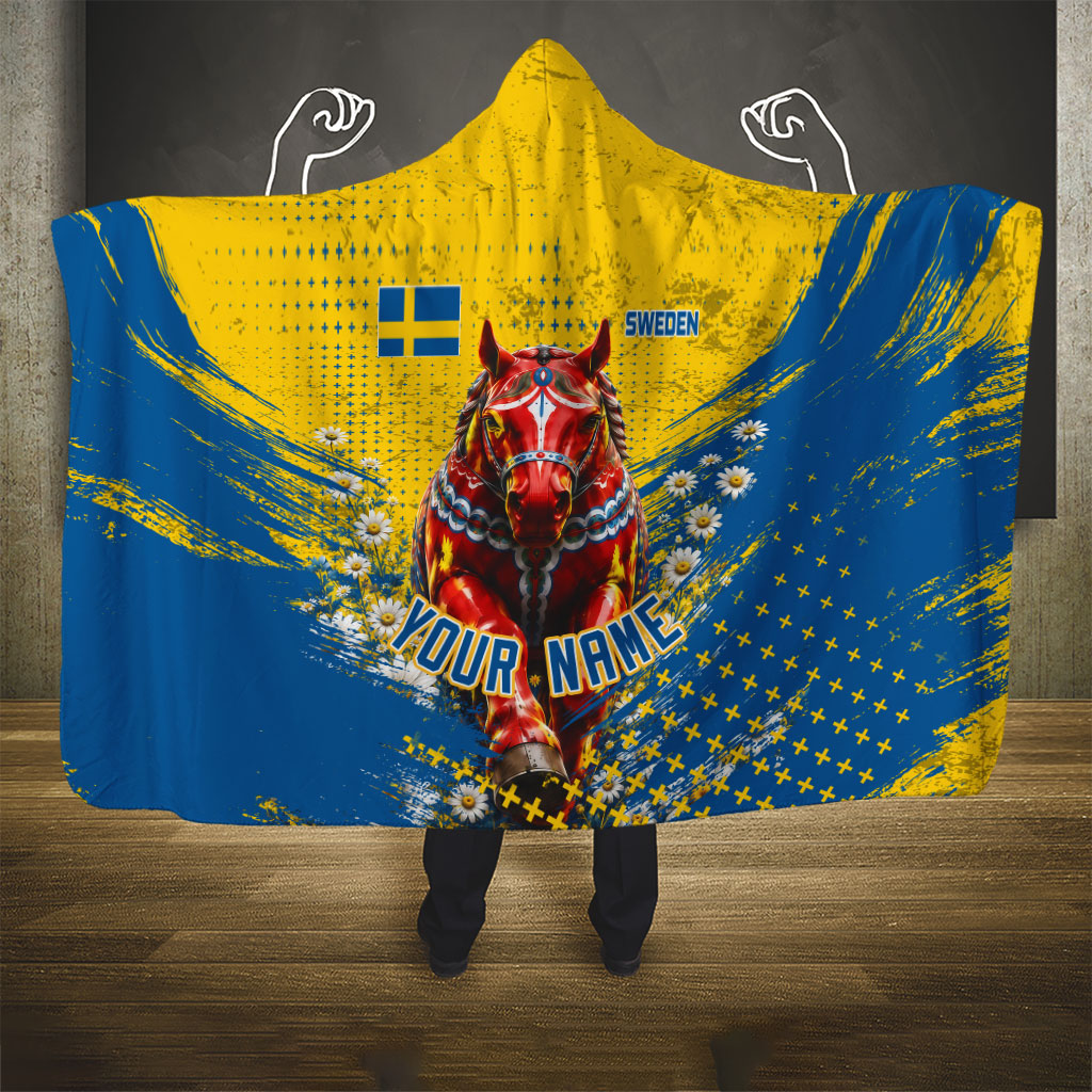 Personalized Sweden Dala Horse Soccer Hooded Blanket Grunge Swedish Flag Cheering Fans Floral