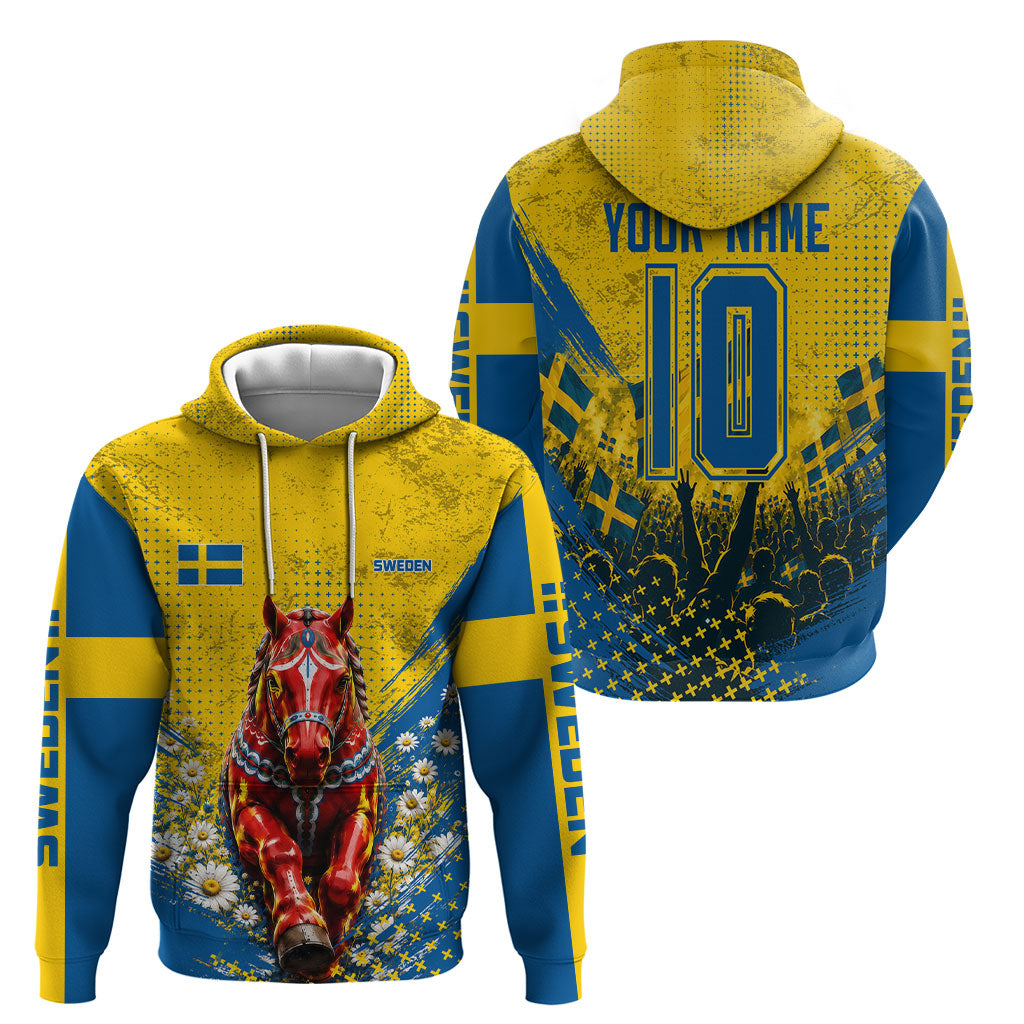 Personalized Sweden Dala Horse Soccer Hoodie Grunge Swedish Flag Cheering Fans Floral