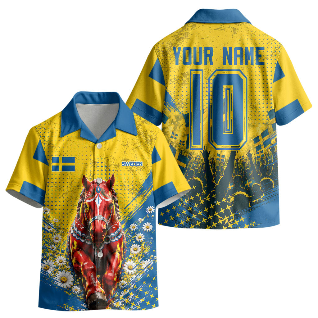 Personalized Sweden Dala Horse Soccer Kid Hawaiian Shirt Grunge Swedish Flag Cheering Fans Floral