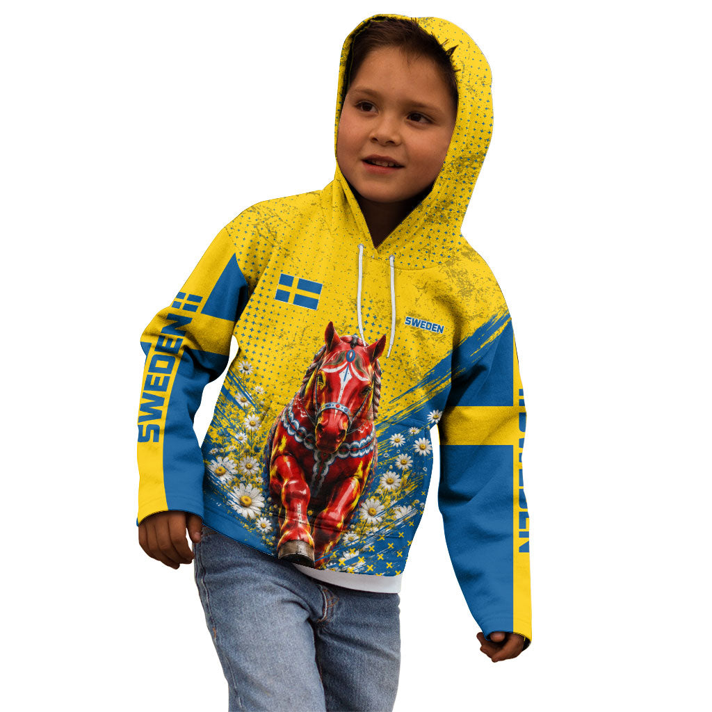 Personalized Sweden Dala Horse Soccer Kid Hoodie Grunge Swedish Flag Cheering Fans Floral