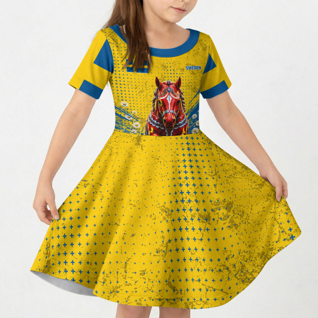 Personalized Sweden Dala Horse Soccer Kid Short Sleeve Dress Grunge Swedish Flag Cheering Fans Floral