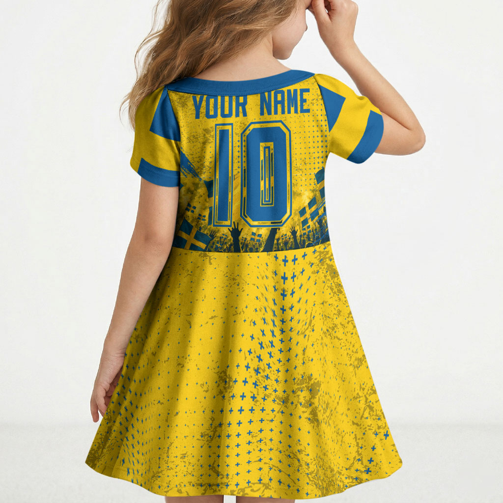 Personalized Sweden Dala Horse Soccer Kid Short Sleeve Dress Grunge Swedish Flag Cheering Fans Floral