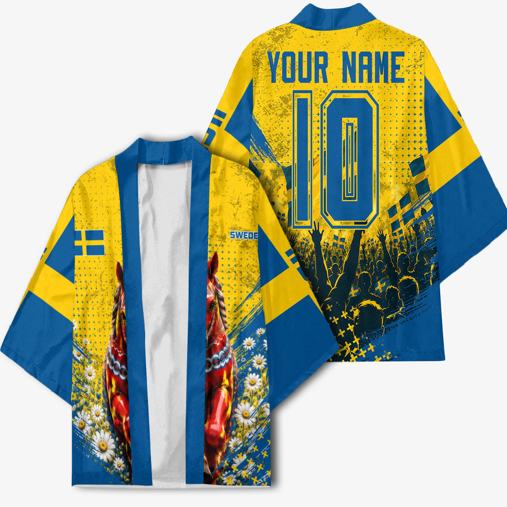 Personalized Sweden Dala Horse Soccer Kimono Grunge Swedish Flag Cheering Fans Floral