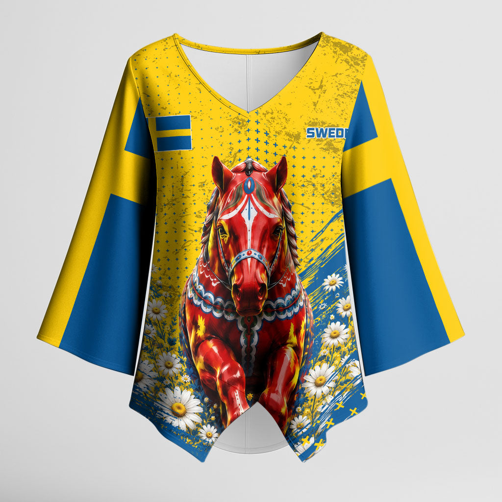 Personalized Sweden Dala Horse Soccer Kimono Sleeve Blouse Grunge Swedish Flag Cheering Fans Floral