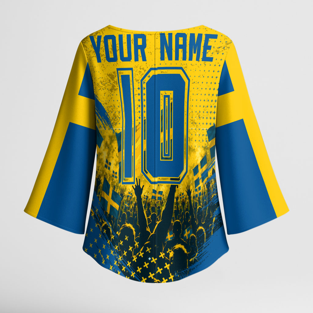 Personalized Sweden Dala Horse Soccer Kimono Sleeve Blouse Grunge Swedish Flag Cheering Fans Floral