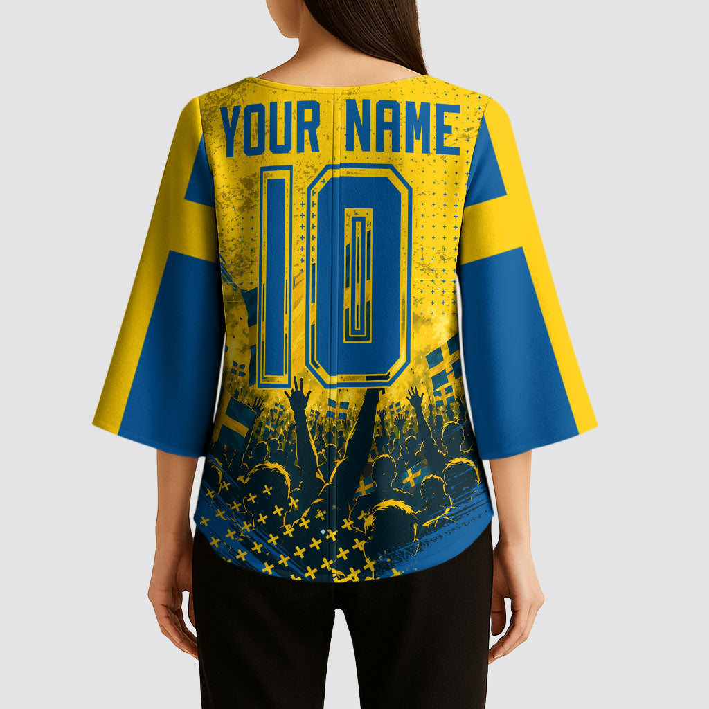 Personalized Sweden Dala Horse Soccer Kimono Sleeve Blouse Grunge Swedish Flag Cheering Fans Floral