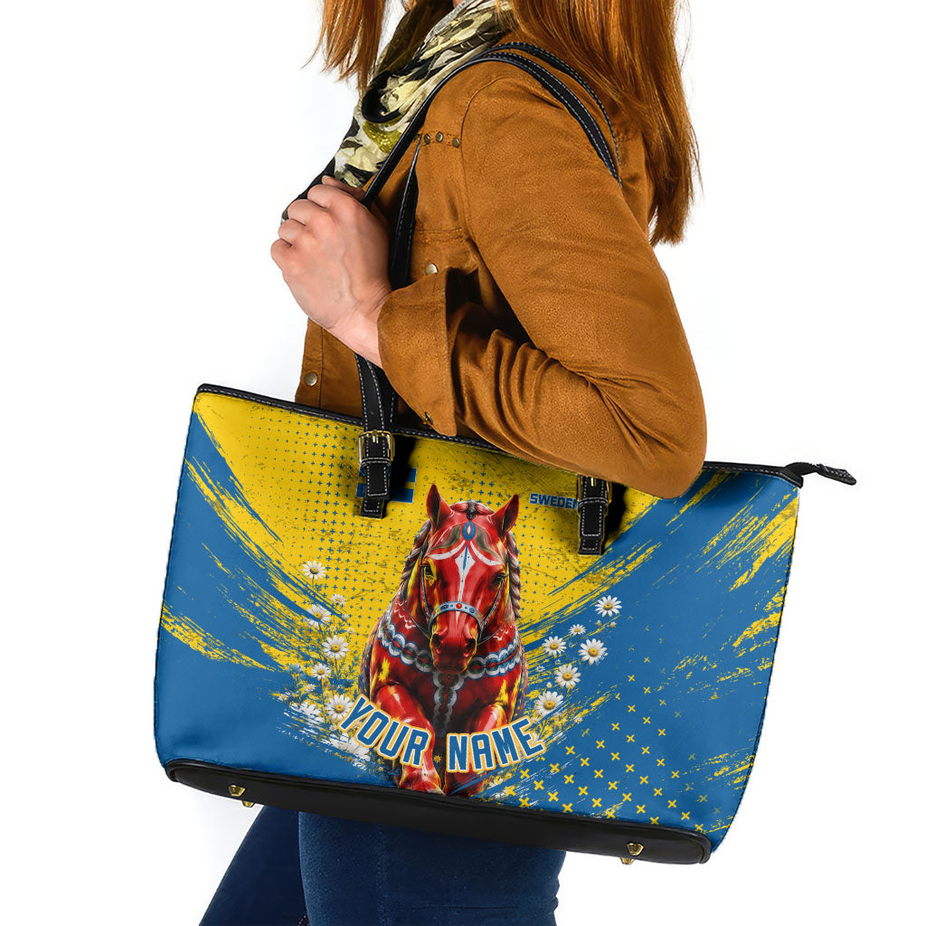 Personalized Sweden Dala Horse Soccer Leather Tote Bag Grunge Swedish Flag Cheering Fans Floral