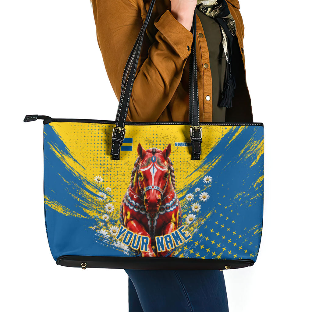 Personalized Sweden Dala Horse Soccer Leather Tote Bag Grunge Swedish Flag Cheering Fans Floral