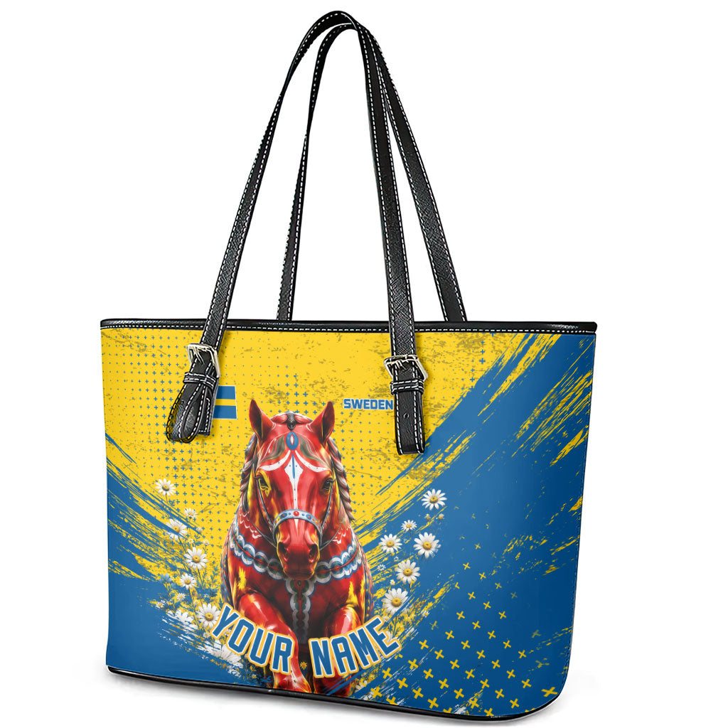 Personalized Sweden Dala Horse Soccer Leather Tote Bag Grunge Swedish Flag Cheering Fans Floral