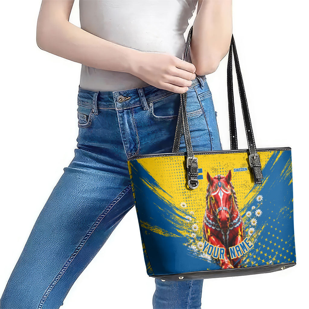 Personalized Sweden Dala Horse Soccer Leather Tote Bag Grunge Swedish Flag Cheering Fans Floral