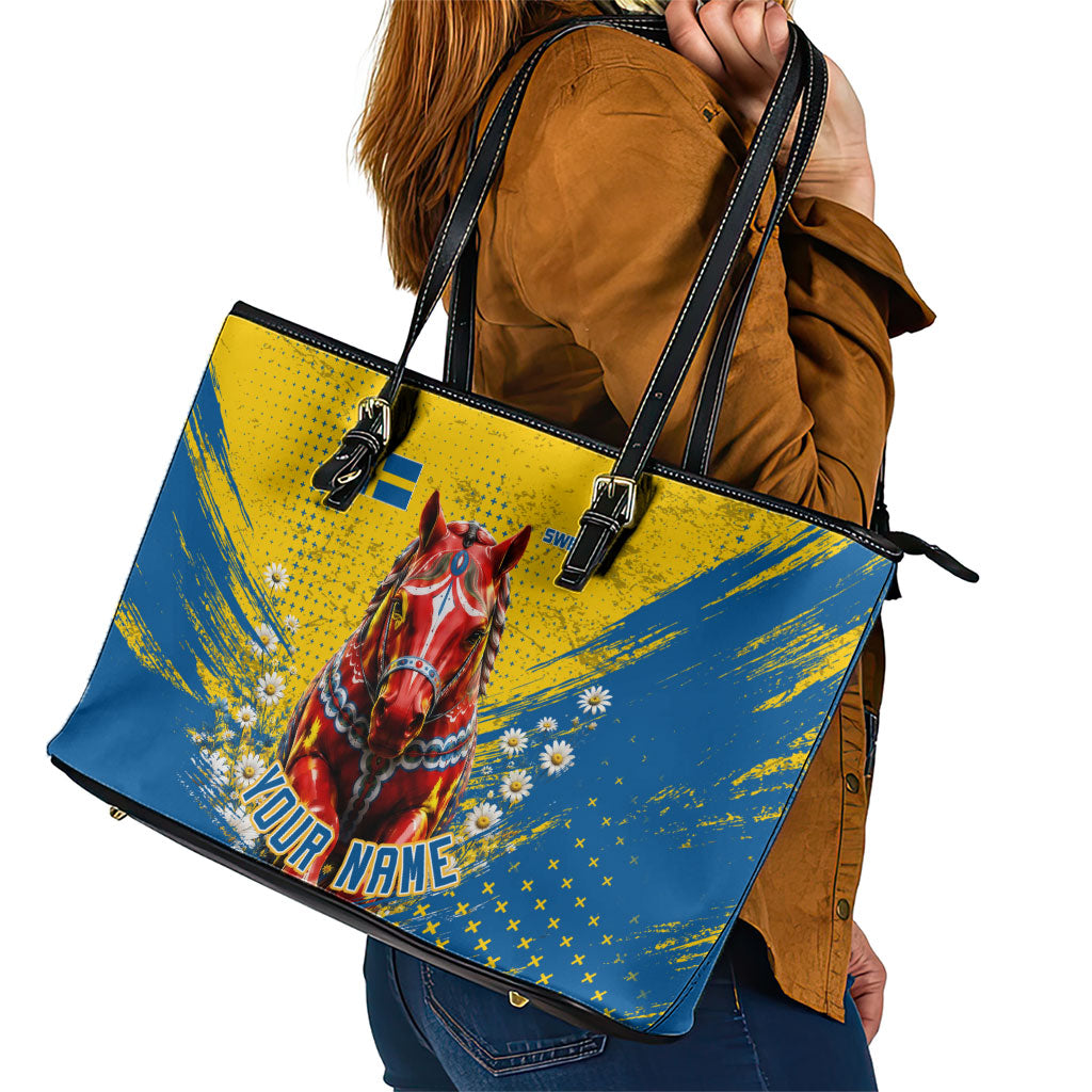 Personalized Sweden Dala Horse Soccer Leather Tote Bag Grunge Swedish Flag Cheering Fans Floral