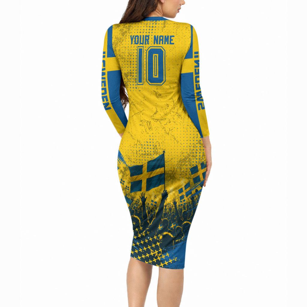 Personalized Sweden Dala Horse Soccer Long Sleeve Bodycon Dress Grunge Swedish Flag Cheering Fans Floral