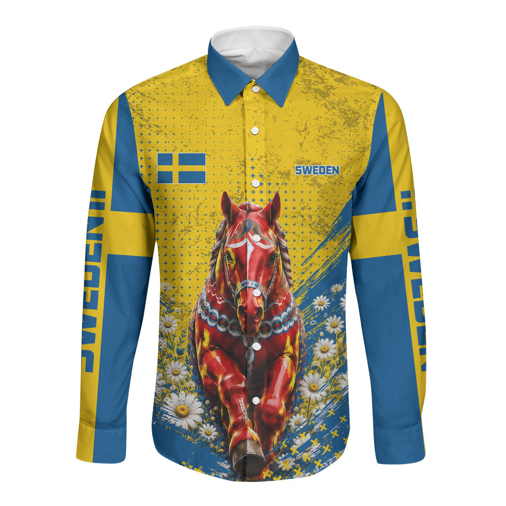 Personalized Sweden Dala Horse Soccer Long Sleeve Button Shirt Grunge Swedish Flag Cheering Fans Floral