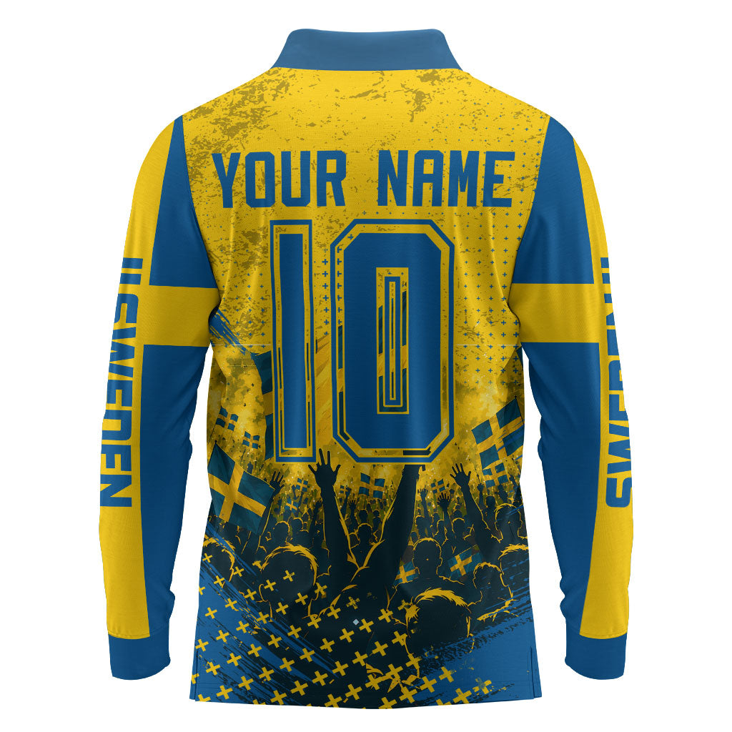 Personalized Sweden Dala Horse Soccer Long Sleeve Polo Shirt Grunge Swedish Flag Cheering Fans Floral