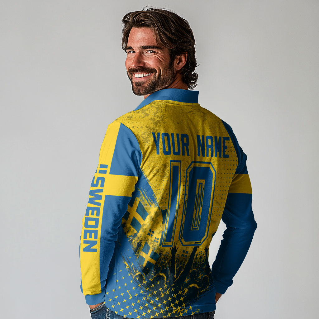 Personalized Sweden Dala Horse Soccer Long Sleeve Polo Shirt Grunge Swedish Flag Cheering Fans Floral