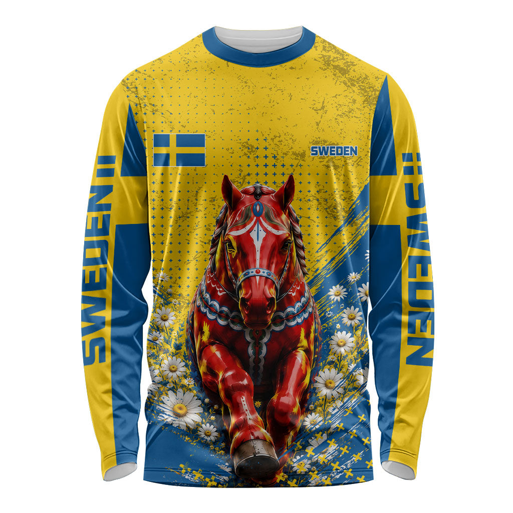 Personalized Sweden Dala Horse Soccer Long Sleeve Shirt Grunge Swedish Flag Cheering Fans Floral