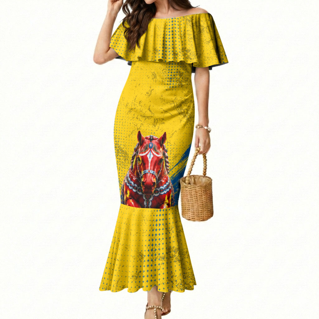 Personalized Sweden Dala Horse Soccer Mermaid Dress Grunge Swedish Flag Cheering Fans Floral