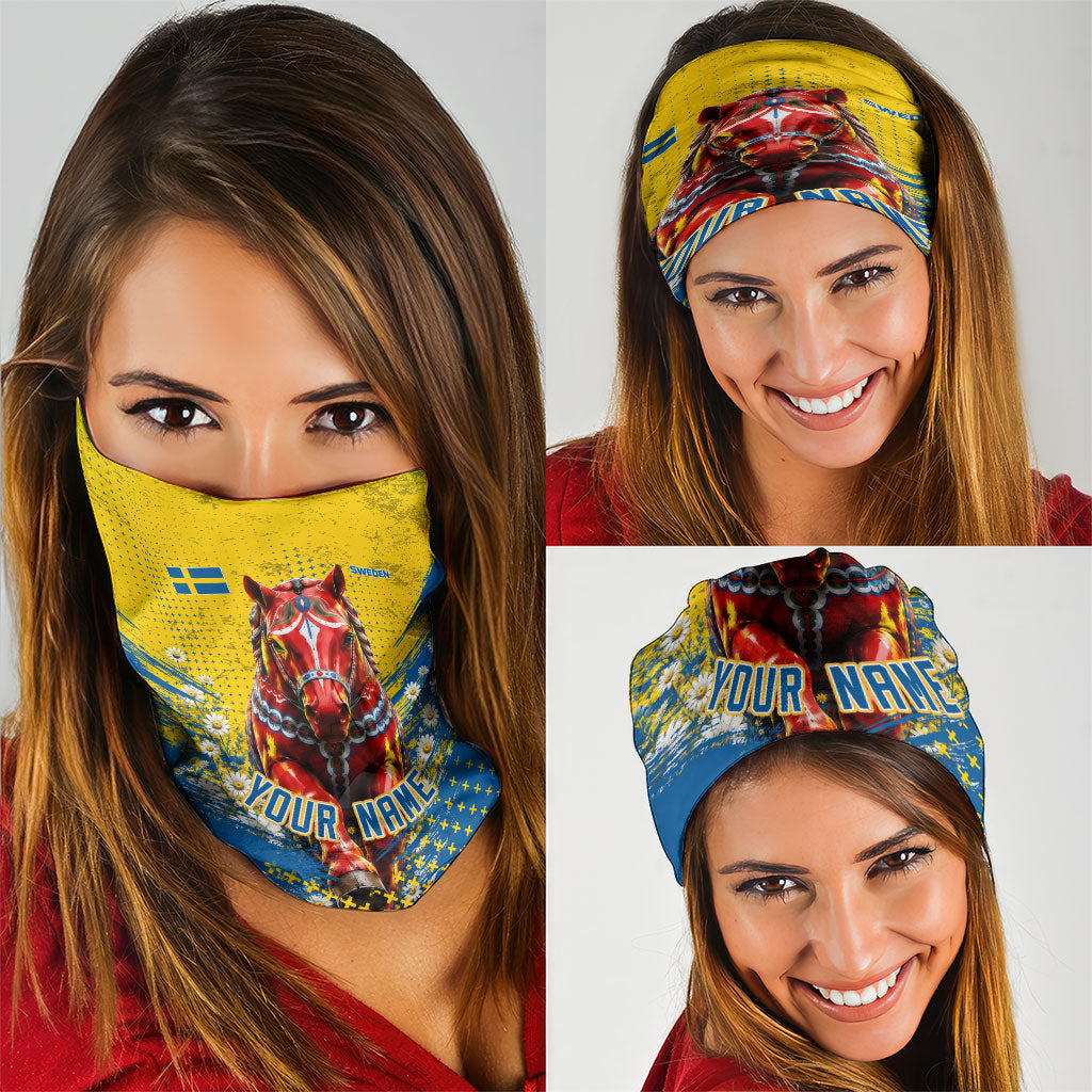 Personalized Sweden Dala Horse Soccer Neck Gaiter Grunge Swedish Flag Cheering Fans Floral