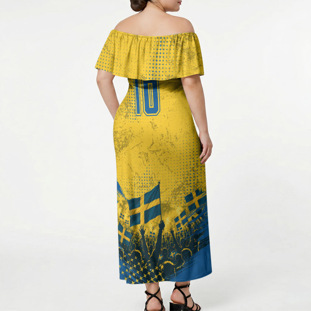 Personalized Sweden Dala Horse Soccer Off Shoulder Maxi Dress Grunge Swedish Flag Cheering Fans Floral