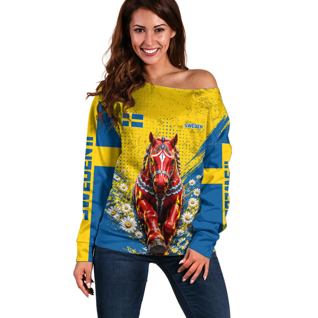 Personalized Sweden Dala Horse Soccer Off Shoulder Sweater Grunge Swedish Flag Cheering Fans Floral