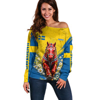 Personalized Sweden Dala Horse Soccer Off Shoulder Sweater Grunge Swedish Flag Cheering Fans Floral