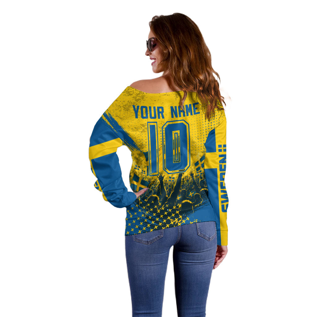 Personalized Sweden Dala Horse Soccer Off Shoulder Sweater Grunge Swedish Flag Cheering Fans Floral