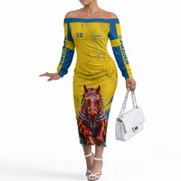 Personalized Sweden Dala Horse Soccer Off The Shoulder Long Sleeve Dress Grunge Swedish Flag Cheering Fans Floral