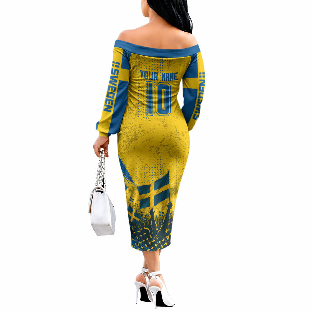Personalized Sweden Dala Horse Soccer Off The Shoulder Long Sleeve Dress Grunge Swedish Flag Cheering Fans Floral