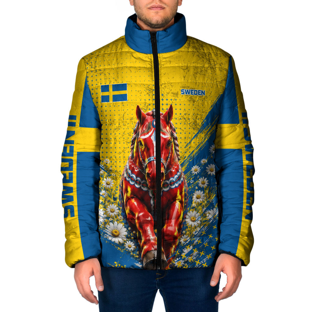 Personalized Sweden Dala Horse Soccer Padded Jacket Grunge Swedish Flag Cheering Fans Floral