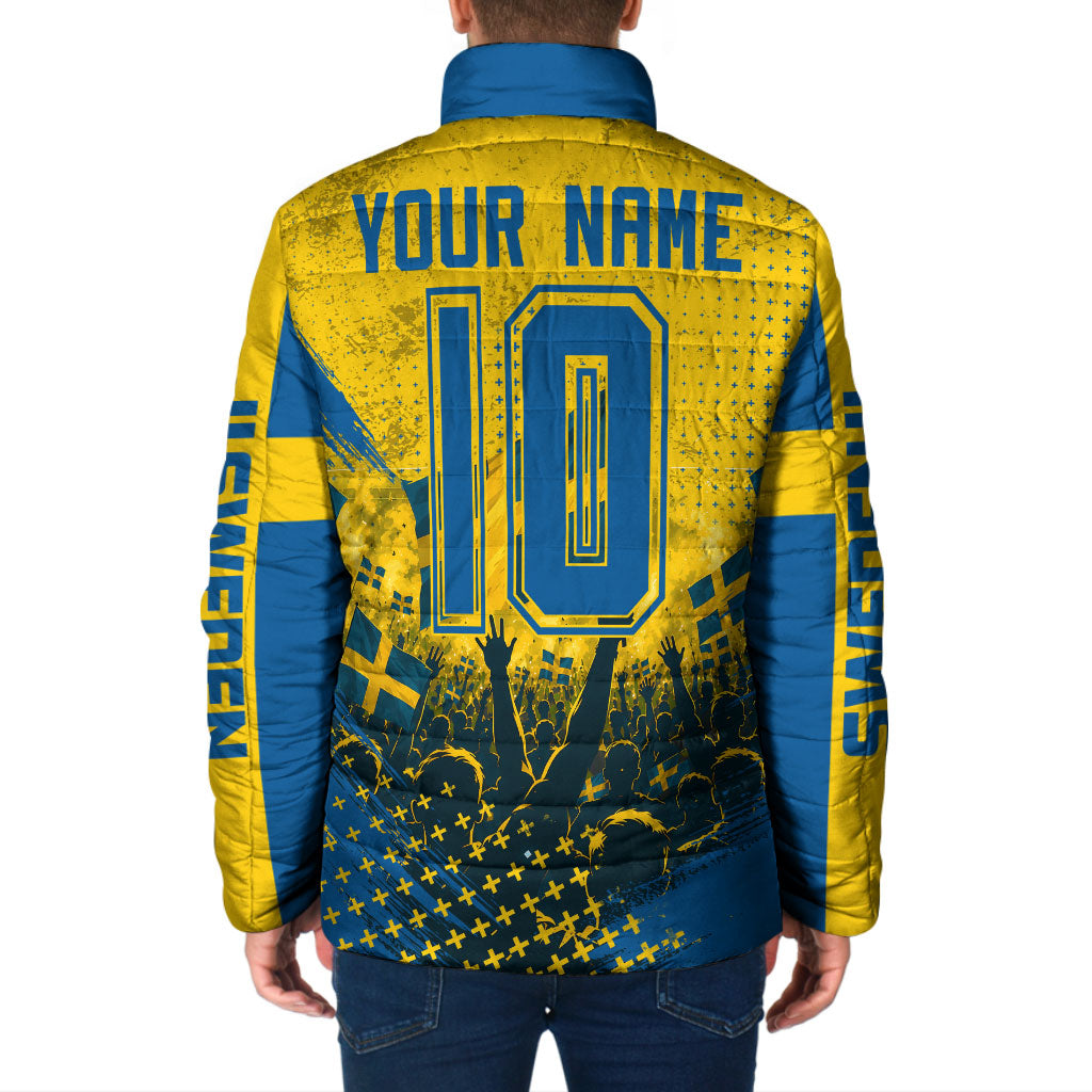 Personalized Sweden Dala Horse Soccer Padded Jacket Grunge Swedish Flag Cheering Fans Floral