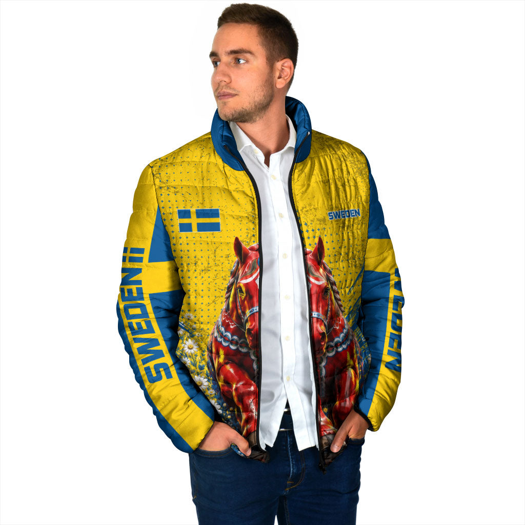 Personalized Sweden Dala Horse Soccer Padded Jacket Grunge Swedish Flag Cheering Fans Floral