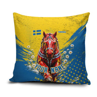 Personalized Sweden Dala Horse Soccer Pillow Cover Grunge Swedish Flag Cheering Fans Floral