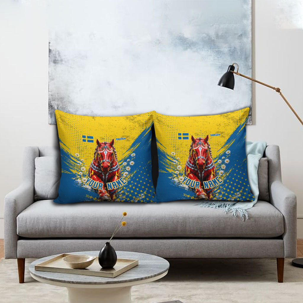 Personalized Sweden Dala Horse Soccer Pillow Cover Grunge Swedish Flag Cheering Fans Floral