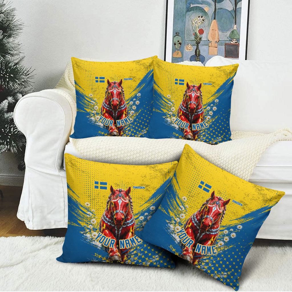 Personalized Sweden Dala Horse Soccer Pillow Cover Grunge Swedish Flag Cheering Fans Floral