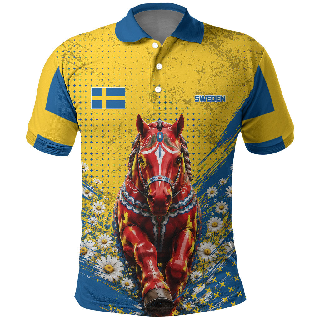 Personalized Sweden Dala Horse Soccer Polo Shirt Grunge Swedish Flag Cheering Fans Floral