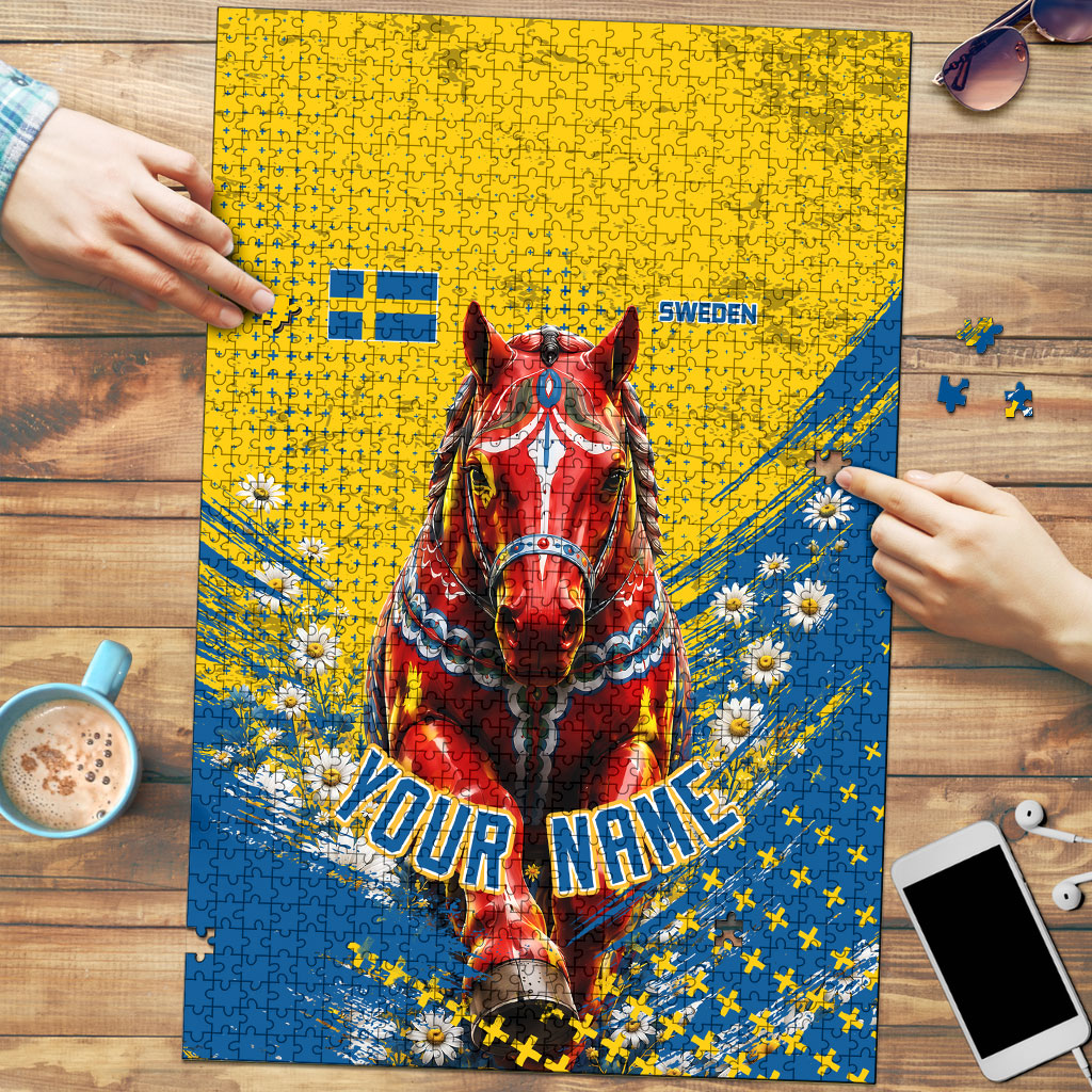 Personalized Sweden Dala Horse Soccer Puzzle Grunge Swedish Flag Cheering Fans Floral