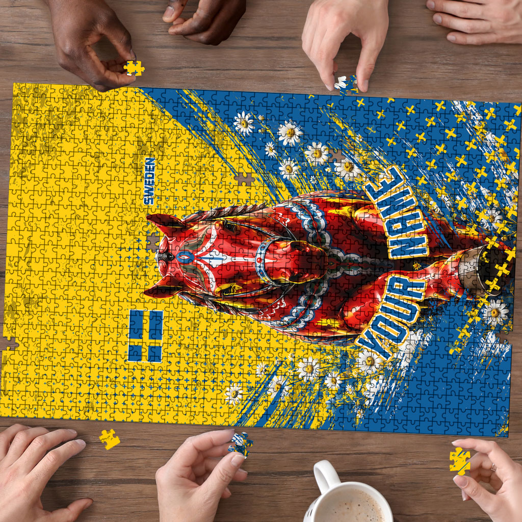 Personalized Sweden Dala Horse Soccer Puzzle Grunge Swedish Flag Cheering Fans Floral